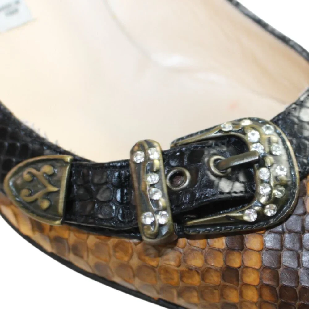 Luciano Padovan Two Tone Black Brown Snakeskin Leather Heel, Size 38 (US 7-7.5)